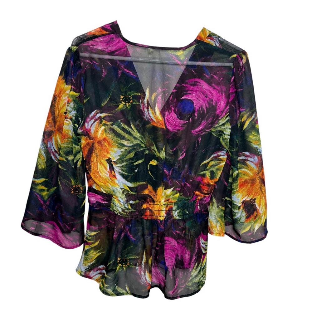 Floral Peplum Blouse Womens M/L Multicolor Good Sheer V-Neck Bell Sleeve